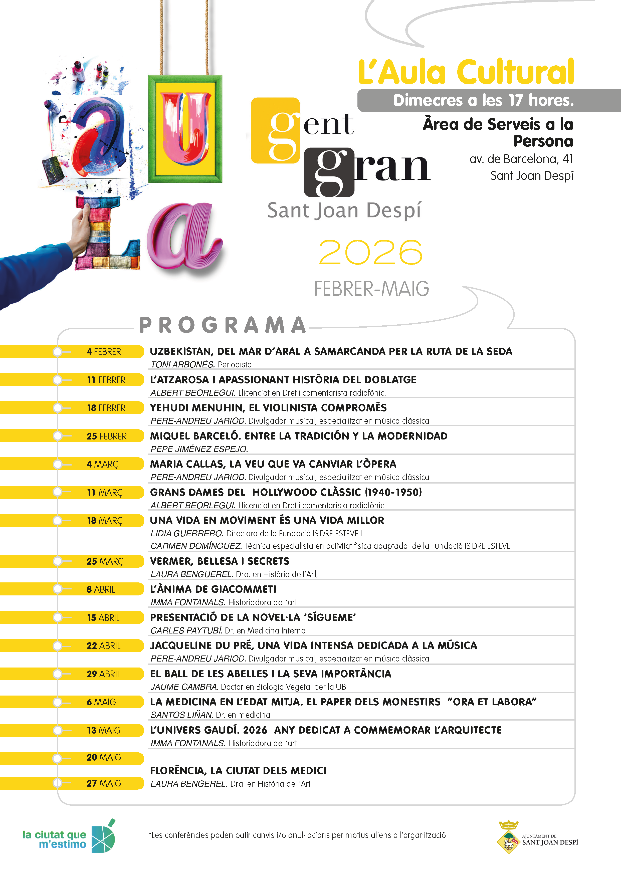 Programació Aula Cultural Gent Gran febrer-maig 2026