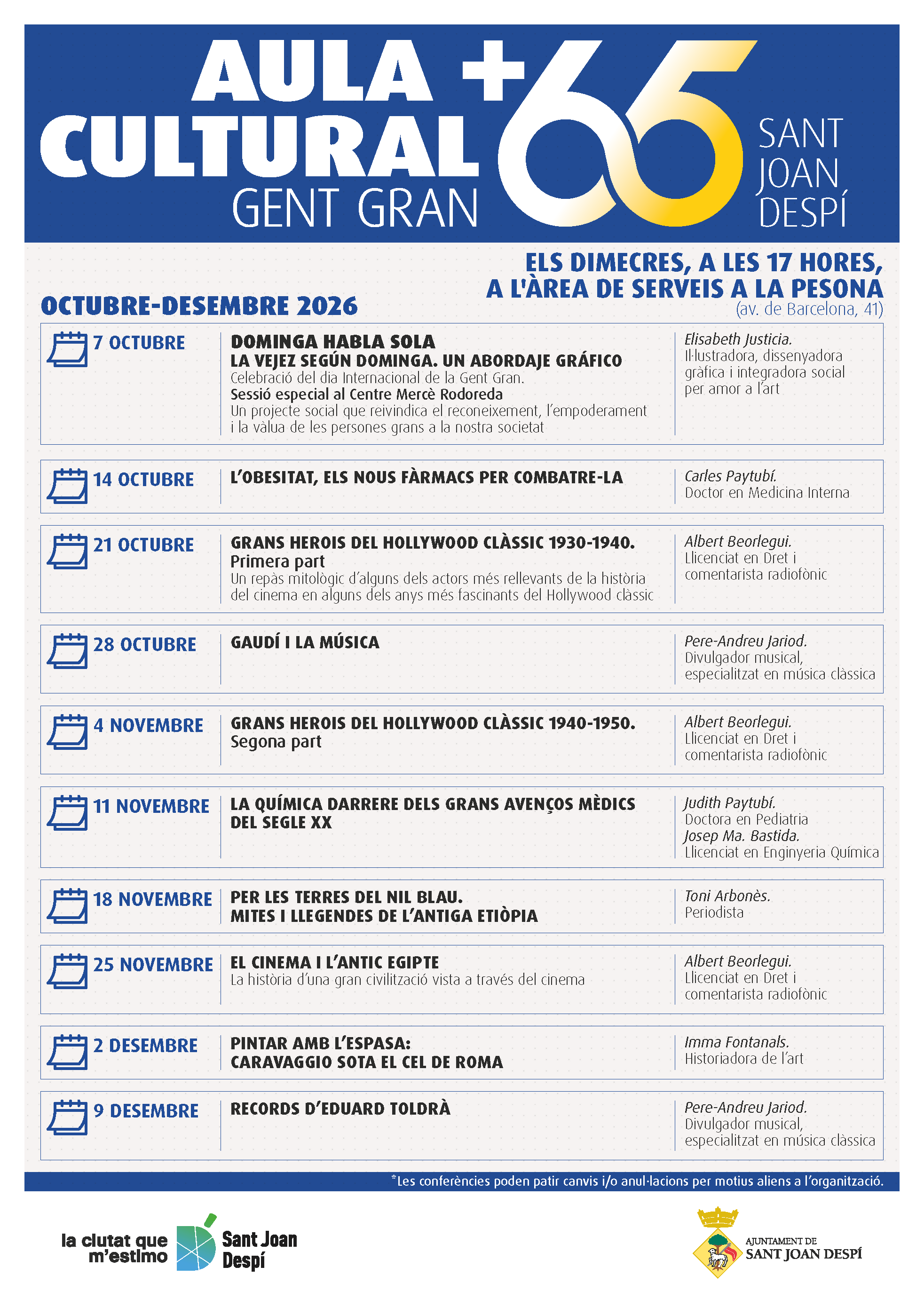 Programació Aula Cultural Gent Gran octubre-desembre 2026