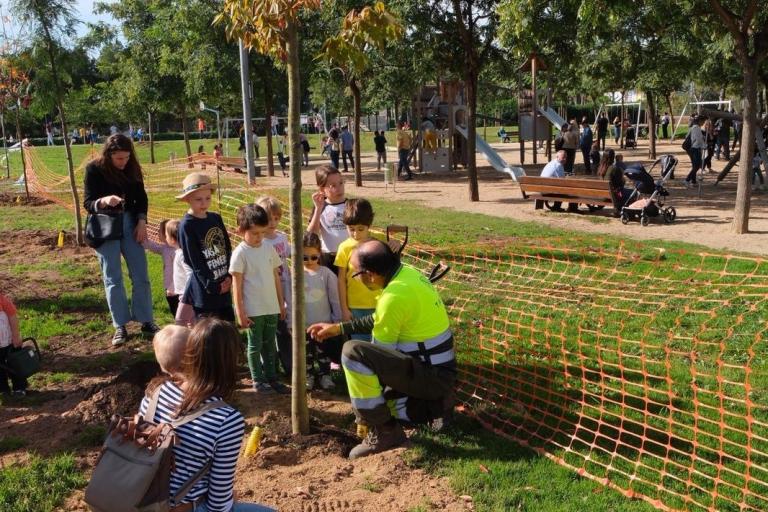 Els infants ajuden a renovar l'arbrat del parc del Mil·lenari