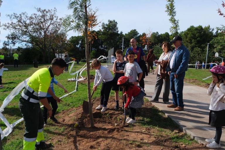 Els infants ajuden a renovar l'arbrat del parc del Mil·lenari